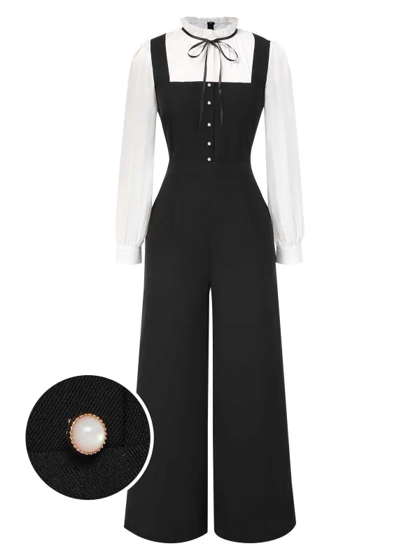 Black&White 1930s Bow Ruffled Collar Jumpsuit sold by Retro Stage