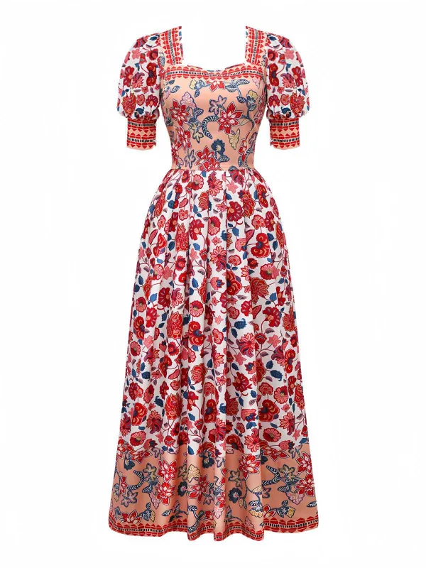 2PCS Red 1930s Floral Lantern Sleeve Cutout Top & Ruched Skirt made by Retro Stage