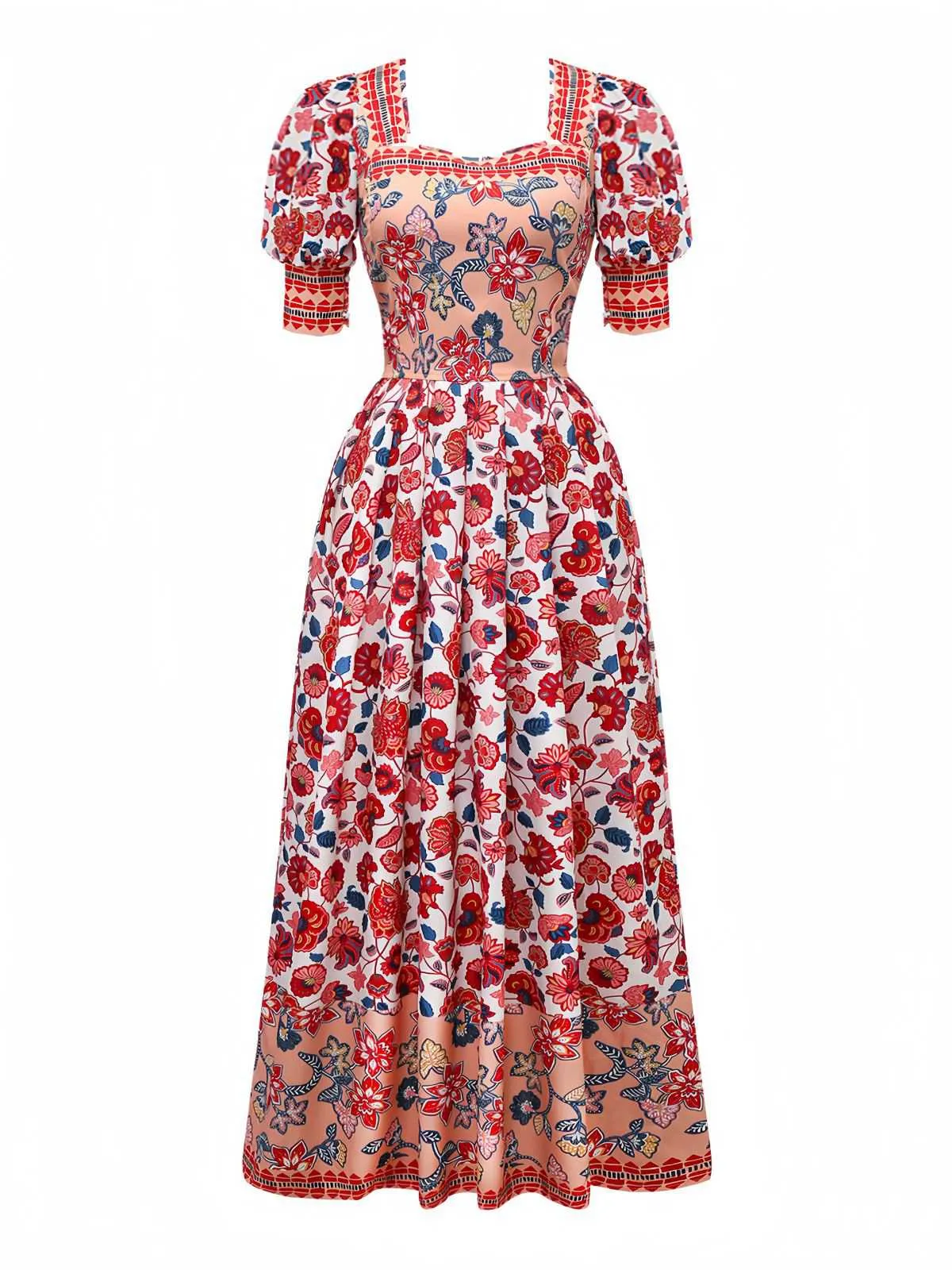 2PCS Red 1930s Floral Lantern Sleeve Cutout Top & Ruched Skirt sold by Retro Stage