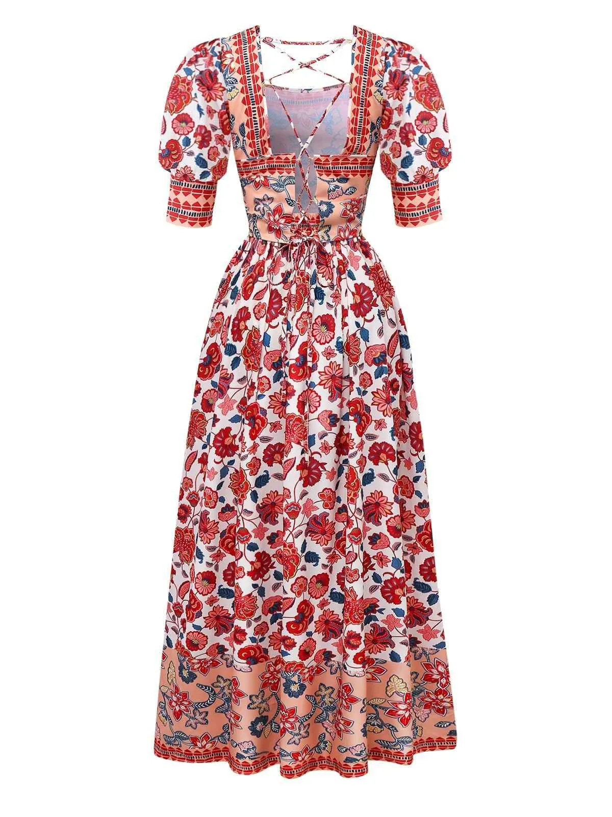 2PCS Red 1930s Floral Lantern Sleeve Cutout Top & Ruched Skirt sold by Retro Stage product image thumbnail 2