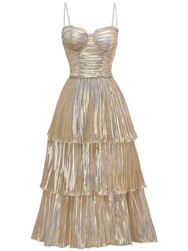 Gold 1930s Metallic Tiered Spaghetti Strap Dress sold by Retro Stage