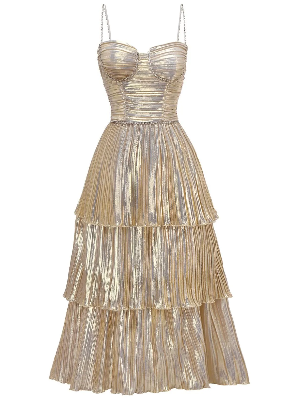 Gold 1930s Metallic Tiered Spaghetti Strap Dress sold by Retro Stage