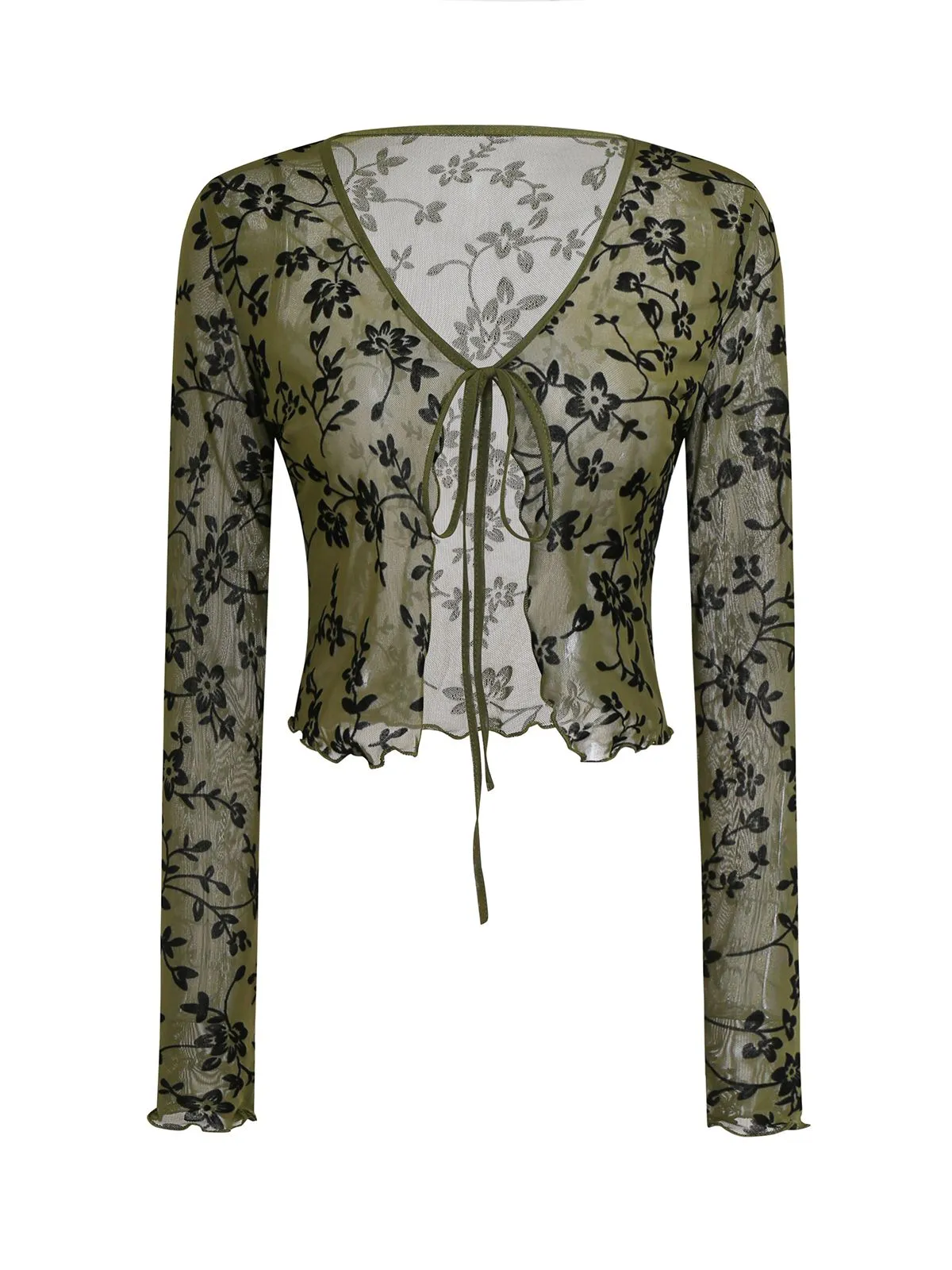 1980s Sheer Botanical Print Lace-Up Cardigan sold by Retro Stage product image thumbnail 3