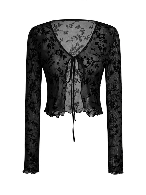 1980s Sheer Botanical Print Lace-Up Cardigan sold by Retro Stage