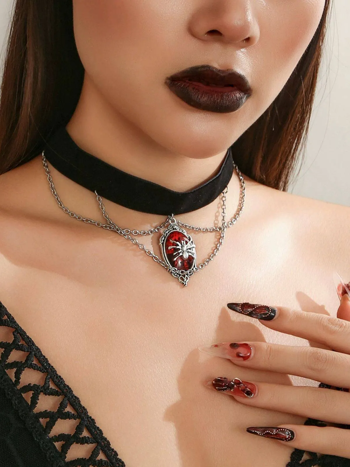 Gothic Spider Red Gemstone Pendant Chain Choker Necklace sold by Retro Stage product image thumbnail 2
