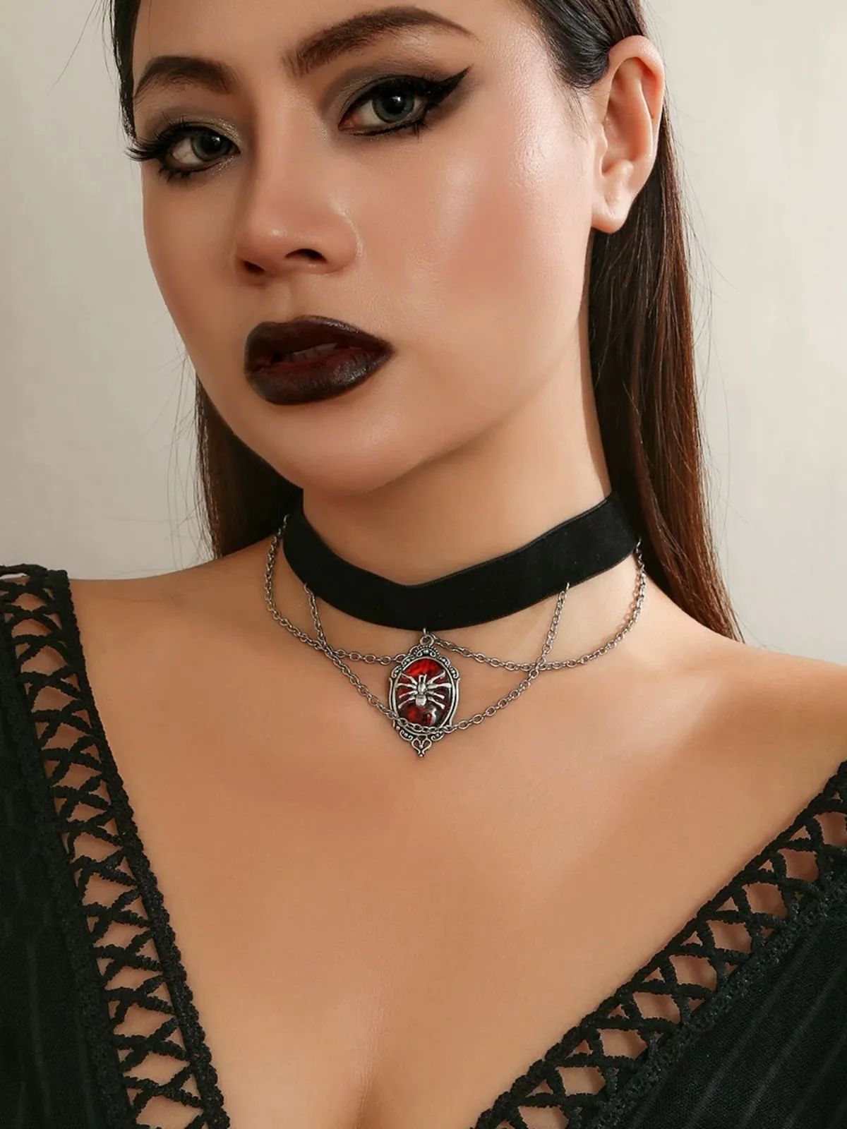 Gothic Spider Red Gemstone Pendant Chain Choker Necklace sold by Retro Stage product image thumbnail 5