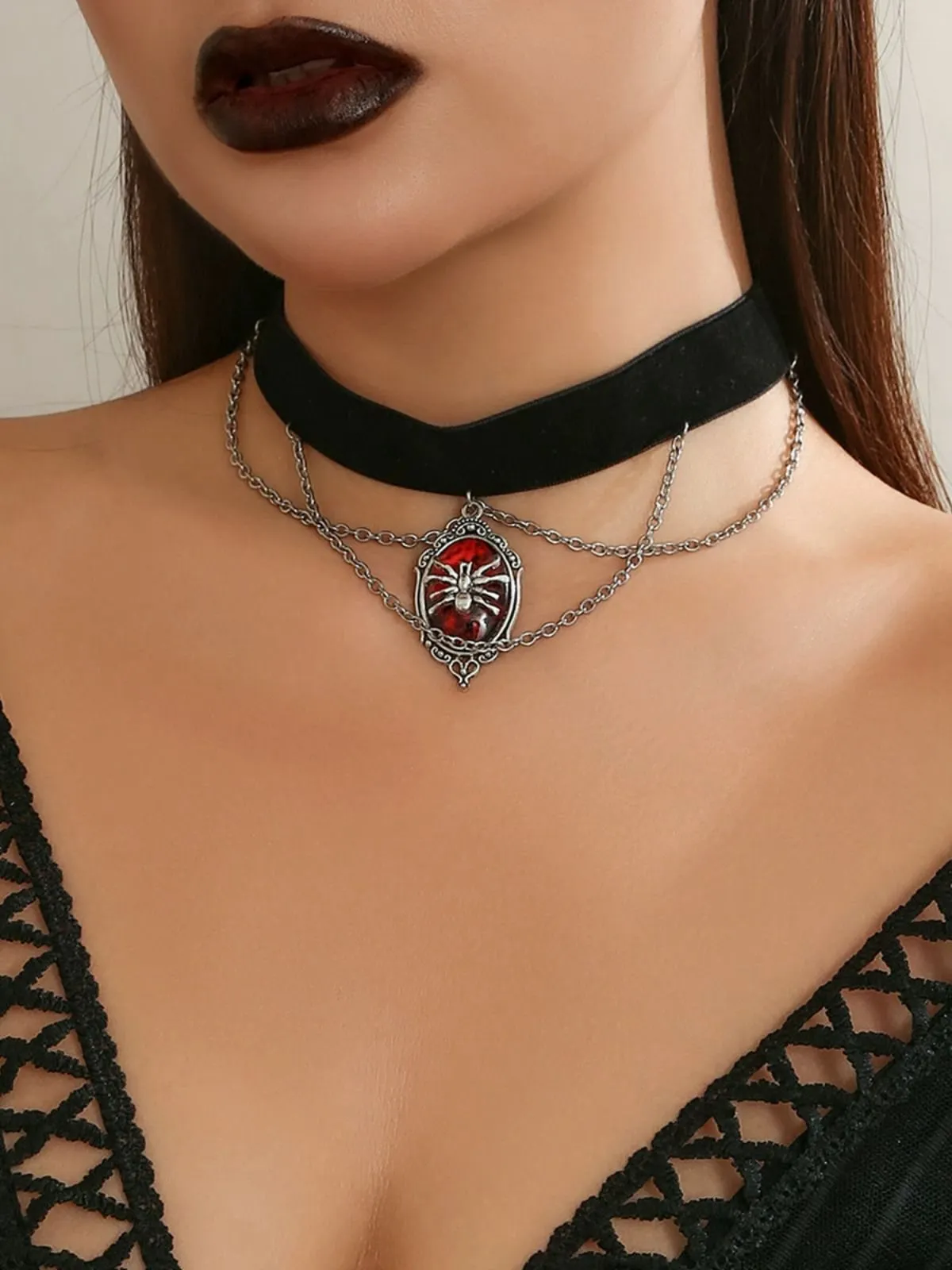 Gothic Spider Red Gemstone Pendant Chain Choker Necklace sold by Retro Stage product image thumbnail 4
