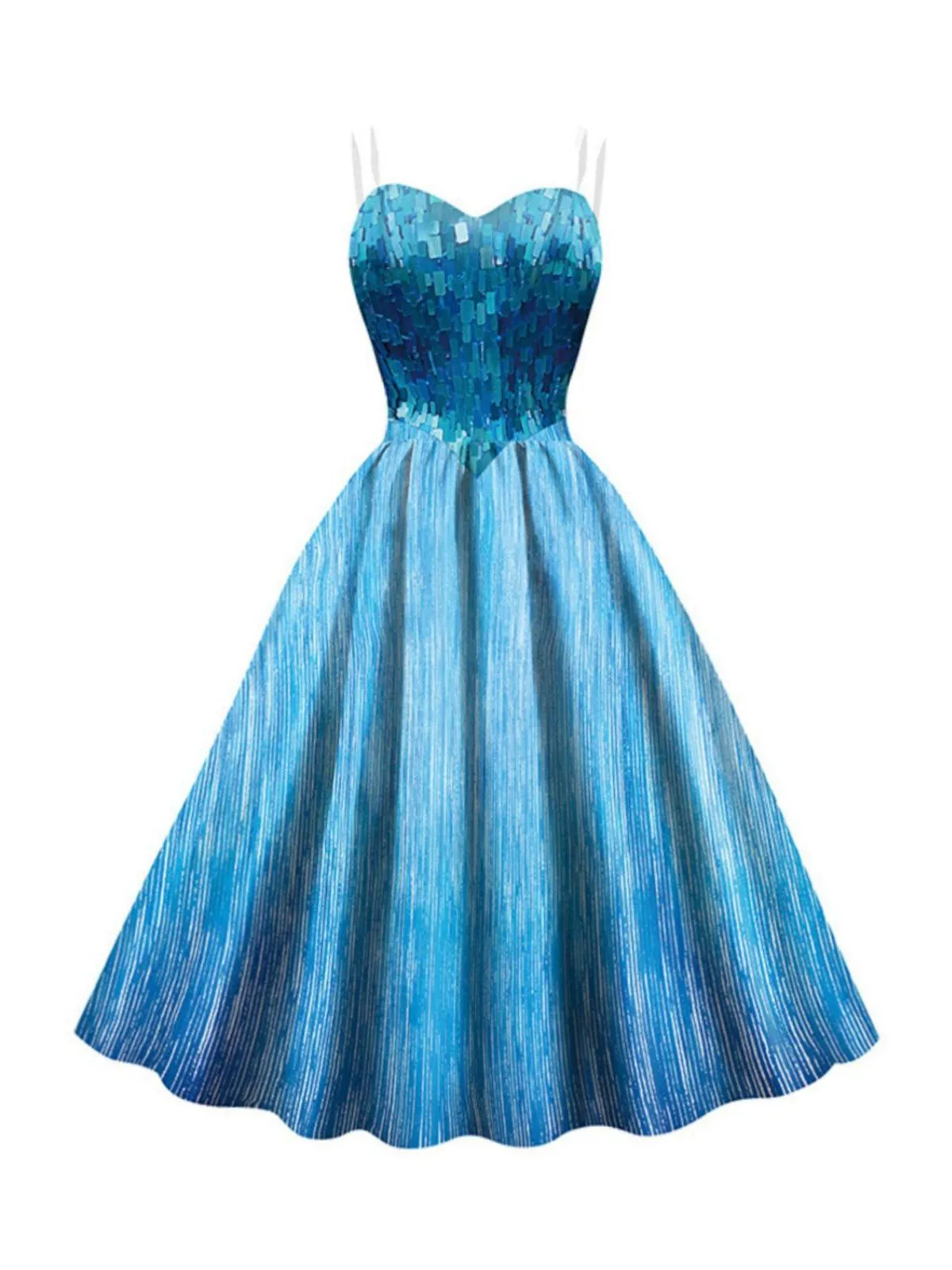 Blue 1950s Halloween Elsa Sequined Snowflake Spaghetti Strap Dress sold by Retro Stage product image thumbnail 3