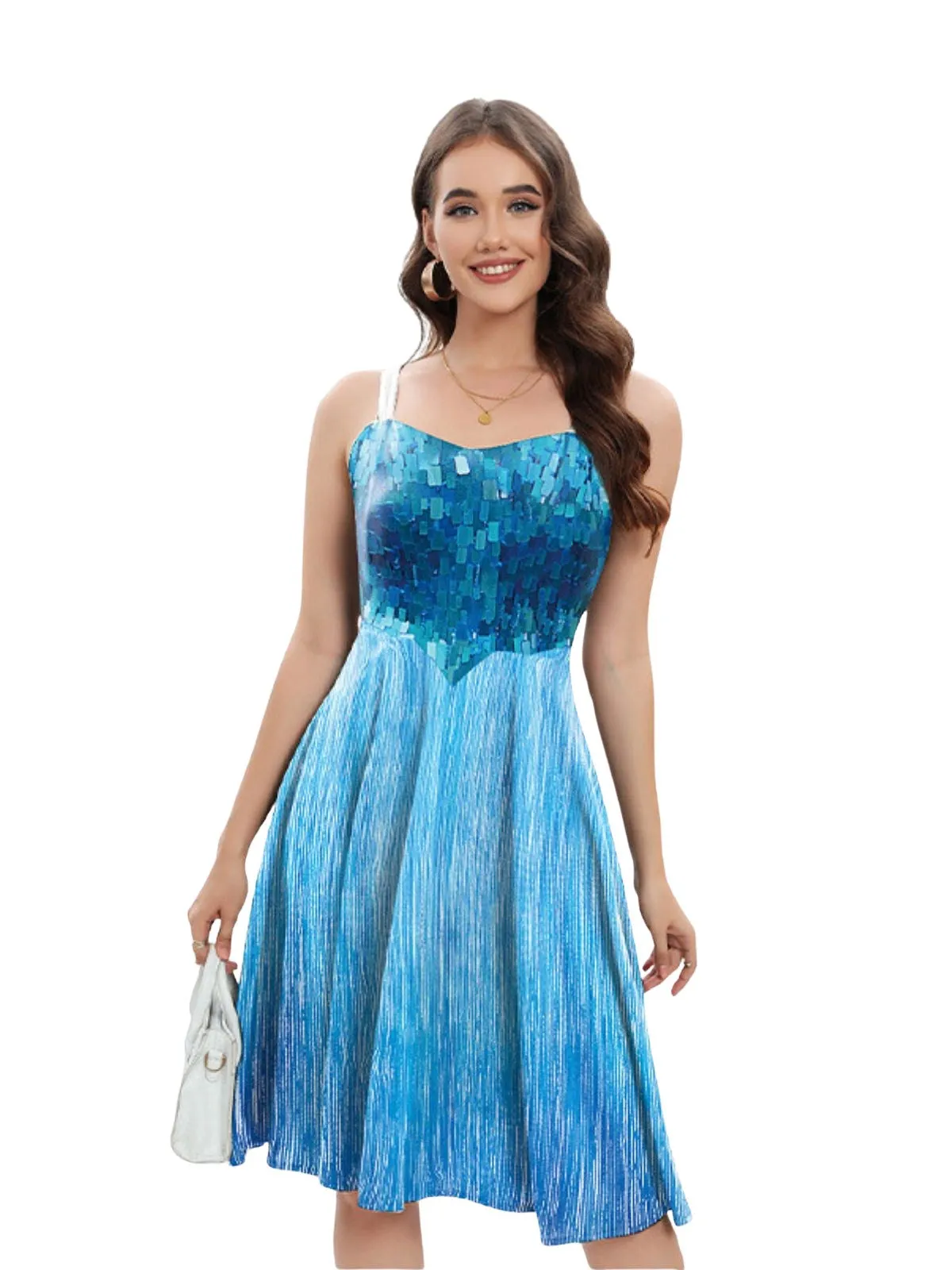 Blue 1950s Halloween Elsa Sequined Snowflake Spaghetti Strap Dress sold by Retro Stage product image thumbnail 4