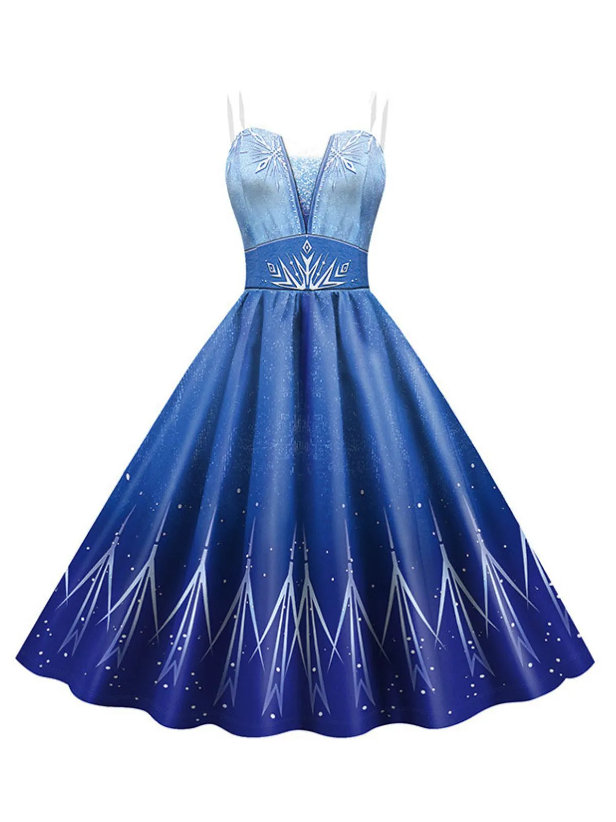 Blue 1950s Halloween Elsa Sequined Snowflake Spaghetti Strap Dress sold by Retro Stage