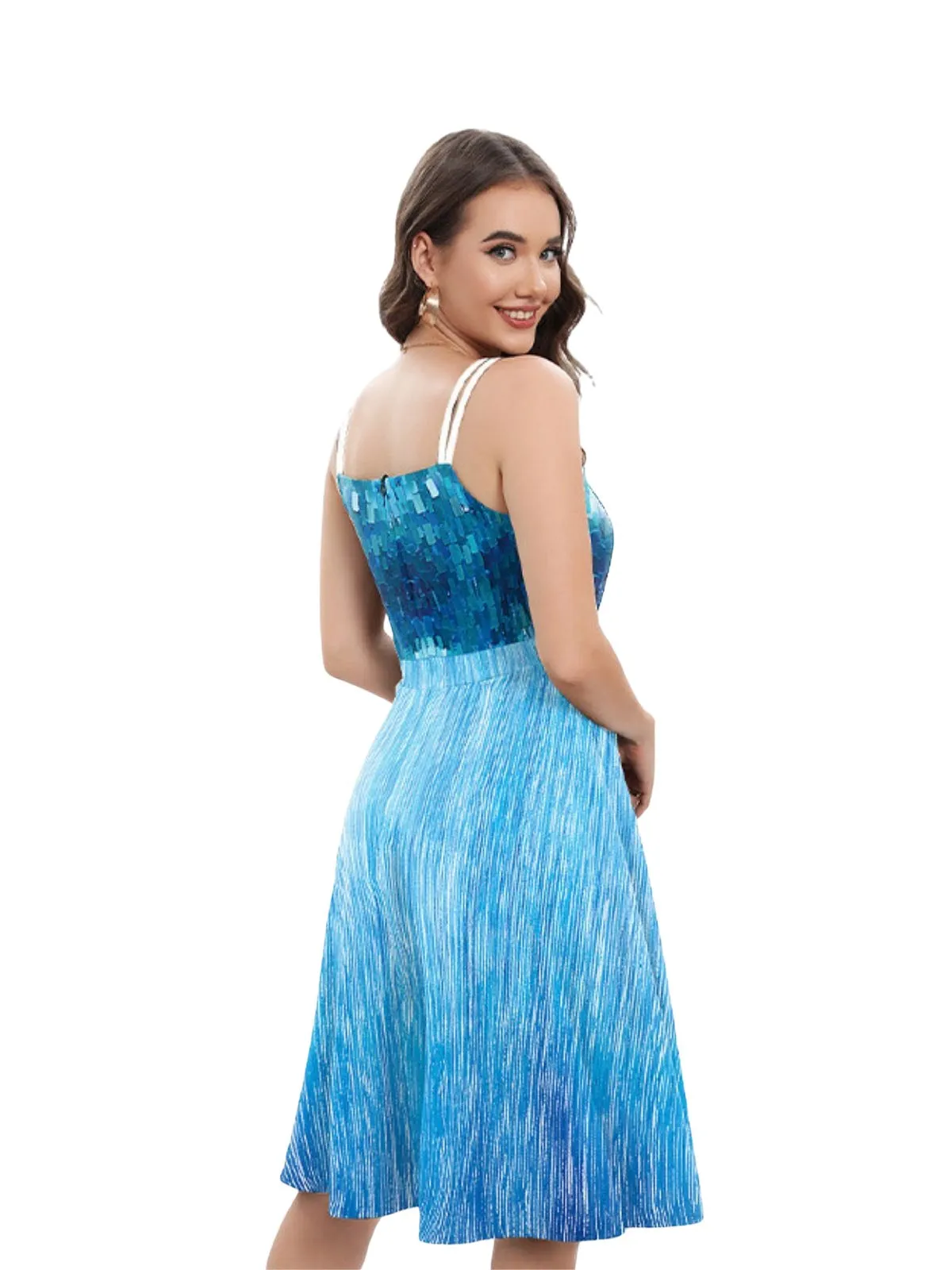 Blue 1950s Halloween Elsa Sequined Snowflake Spaghetti Strap Dress sold by Retro Stage product image thumbnail 5