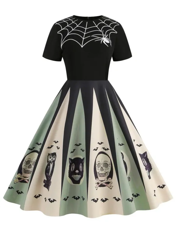 1950s Halloween Spider Web Print Patchwork Dress sold by Retro Stage