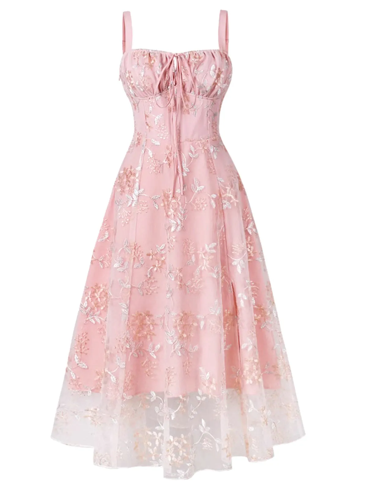 Pink 1950s Lace-Up Straps Floral Mesh Dress sold by Retro Stage