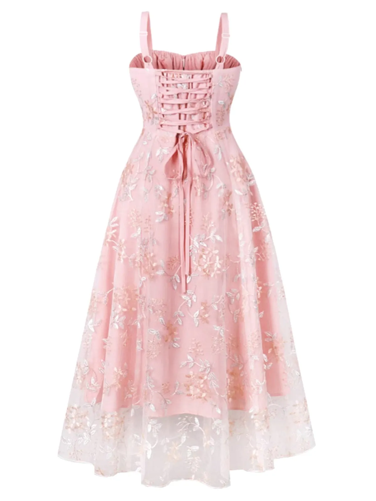 Pink 1950s Lace-Up Straps Floral Mesh Dress sold by Retro Stage product image thumbnail 2