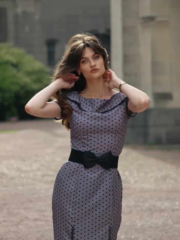 Gray 1960s Boat Neck Polka Dots Pencil Dress sold by Retro Stage