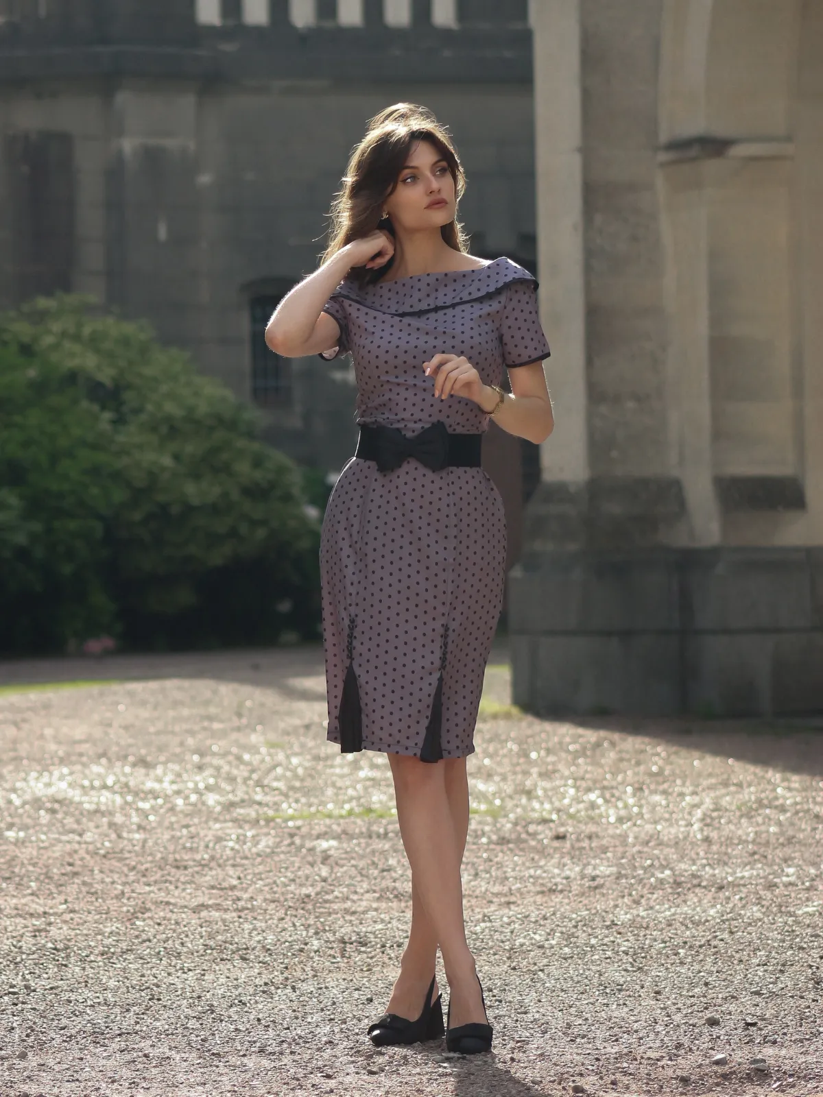 Gray 1960s Boat Neck Polka Dots Pencil Dress sold by Retro Stage product image thumbnail 2