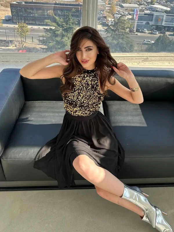 Black 1950s Gold Glitter Patchwork Dress sold by Retro Stage