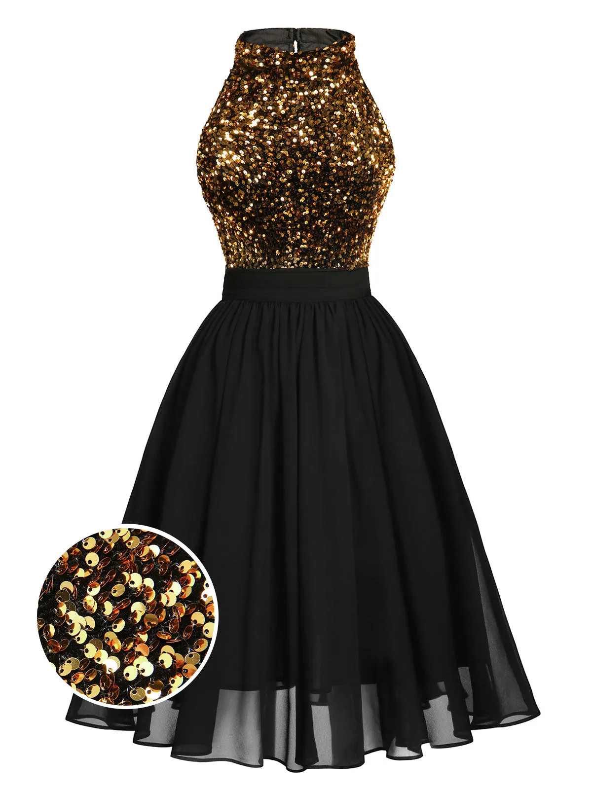 Black 1950s Gold Glitter Patchwork Dress sold by Retro Stage product image thumbnail 3
