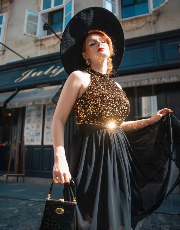 Black 1950s Gold Glitter Patchwork Dress sold by Retro Stage
