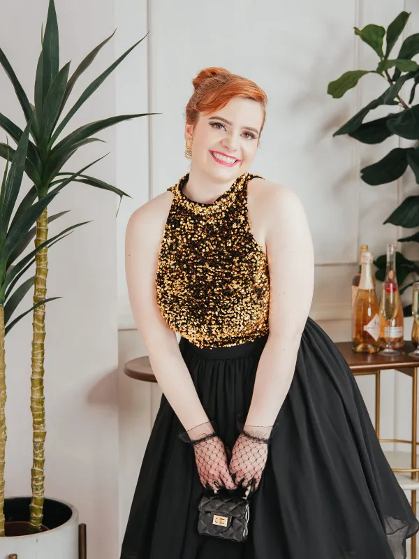 Black 1950s Gold Glitter Patchwork Dress sold by Retro Stage