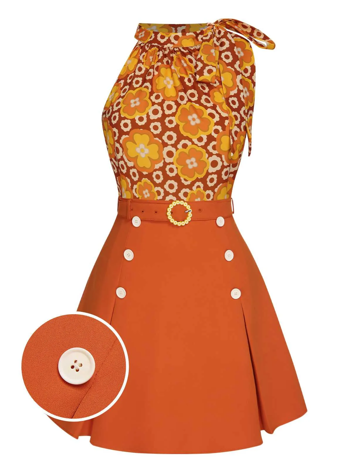 2PCS 1960s Tie Neck Floral Top & Button Solid Skirt sold by Retro Stage product image thumbnail 4