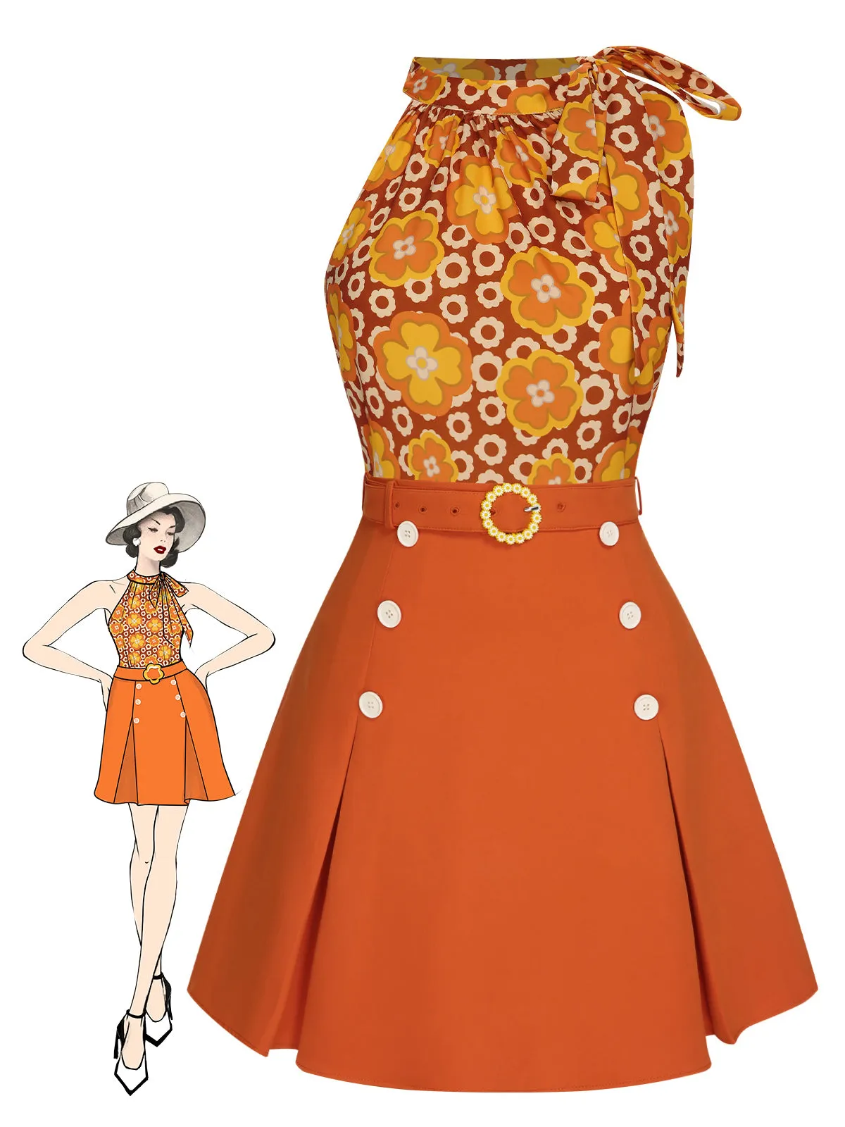 2PCS 1960s Tie Neck Floral Top & Button Solid Skirt sold by Retro Stage product image thumbnail 3