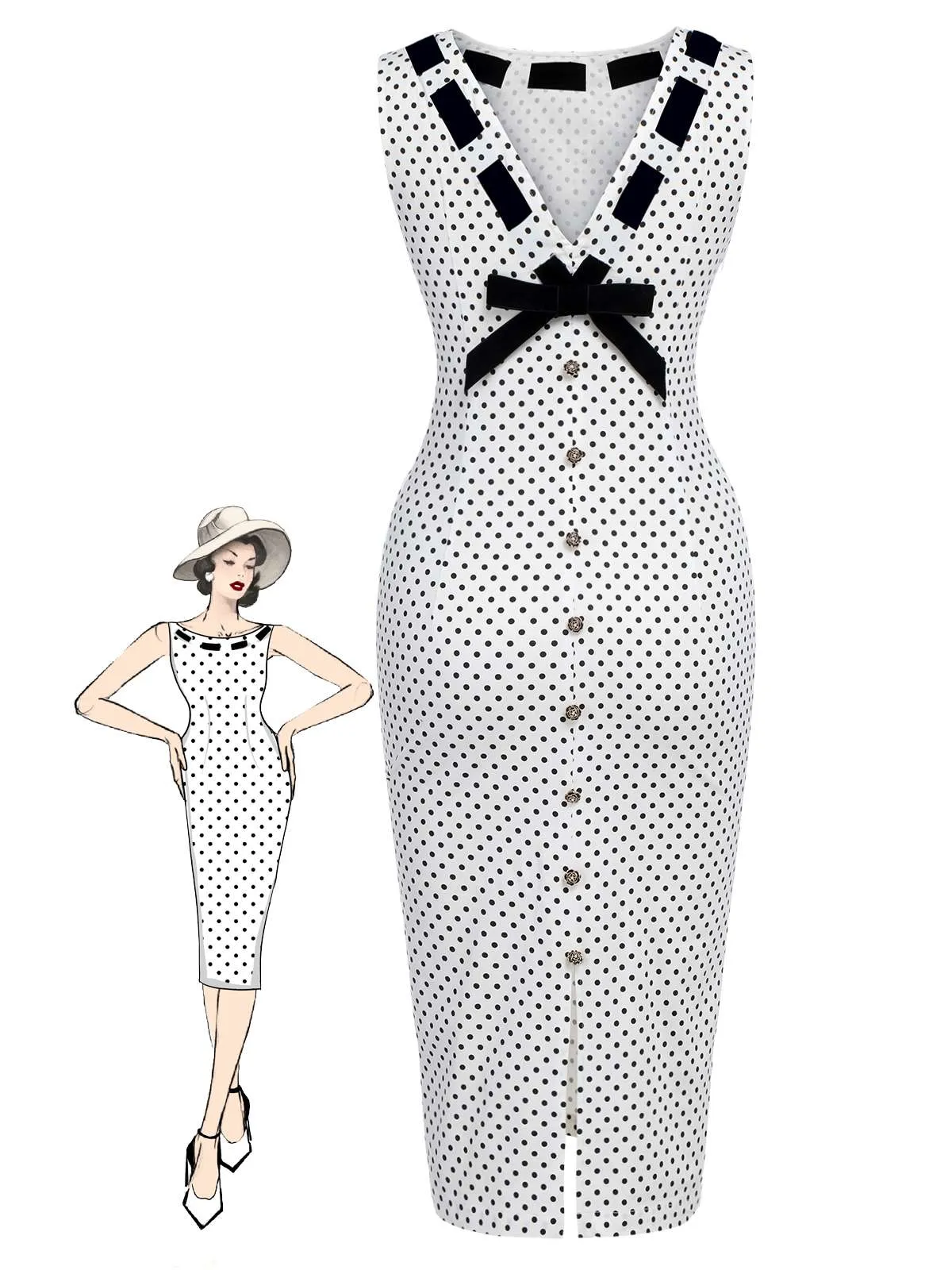 White 1960s Polka Dot Button Pencil Dress sold by Retro Stage product image thumbnail 3