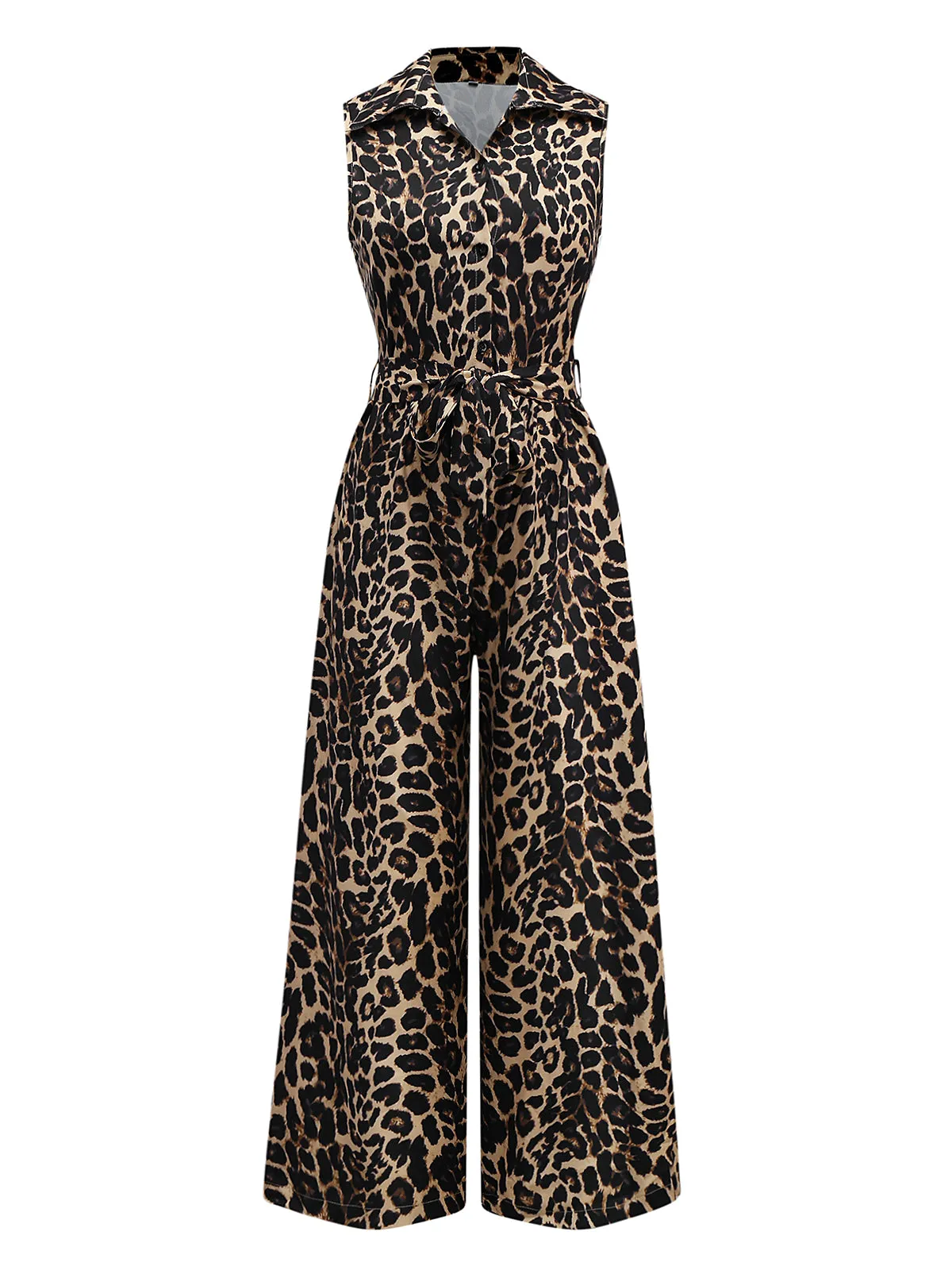 1970s Lapel Leopard Sleeveless Belted Jumpsuit sold by Retro Stage