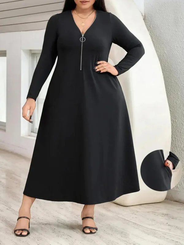 [Plus Size] Black 1950s Front Zipper Solid Dress sold by Retro Stage