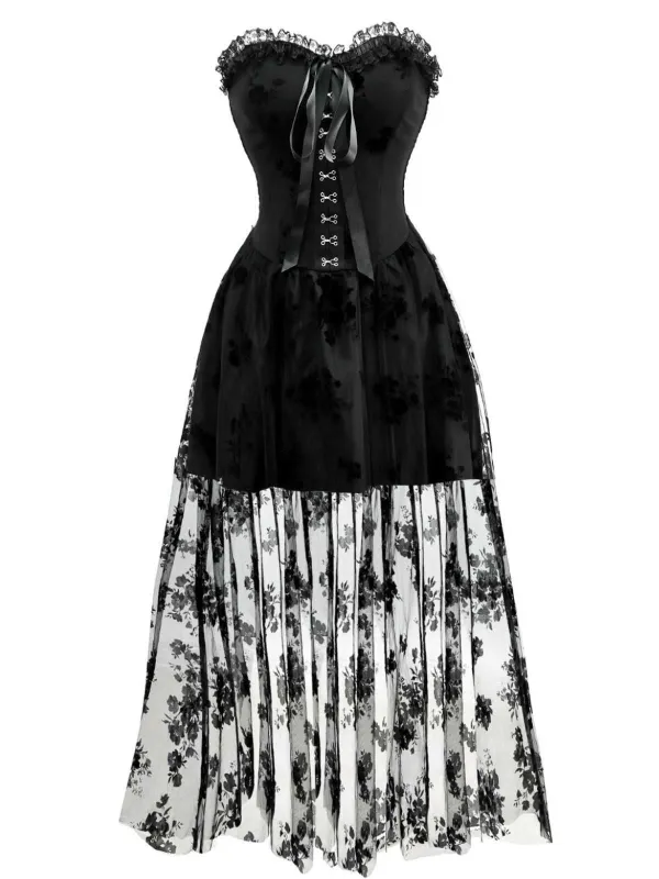 1970s Gothic Strapless Dark Bride Mesh Corset Dress sold by Retro Stage