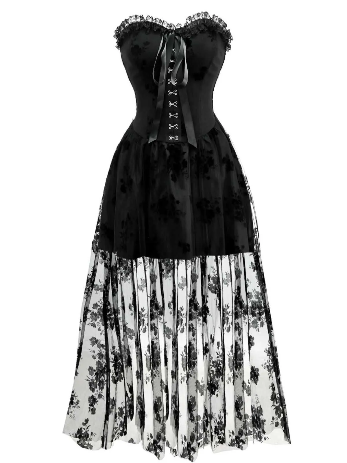 1970s Gothic Strapless Dark Bride Mesh Corset Dress sold by Retro Stage