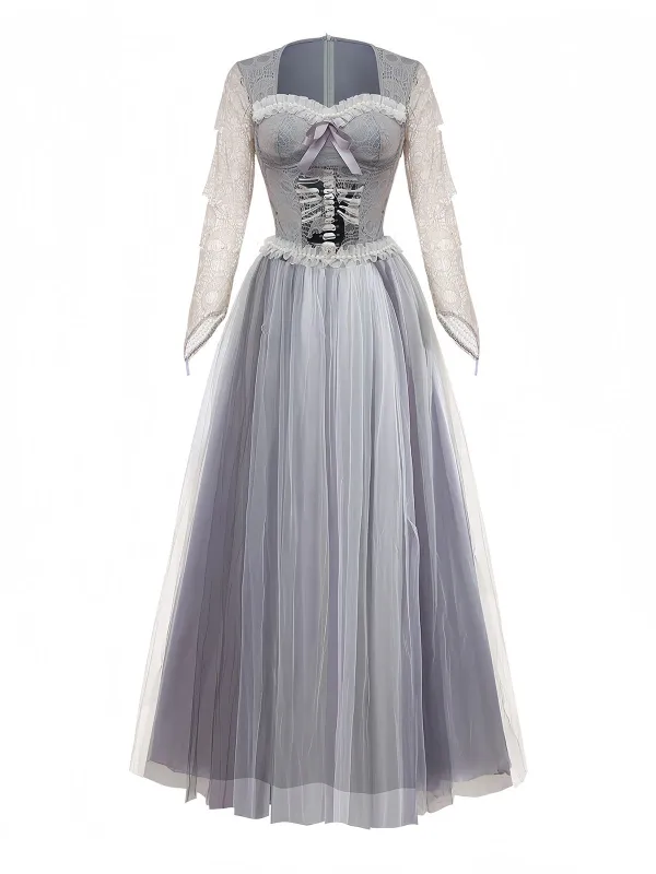 Grey 1930s Halloween Ghost Bride Mesh Dress sold by Retro Stage