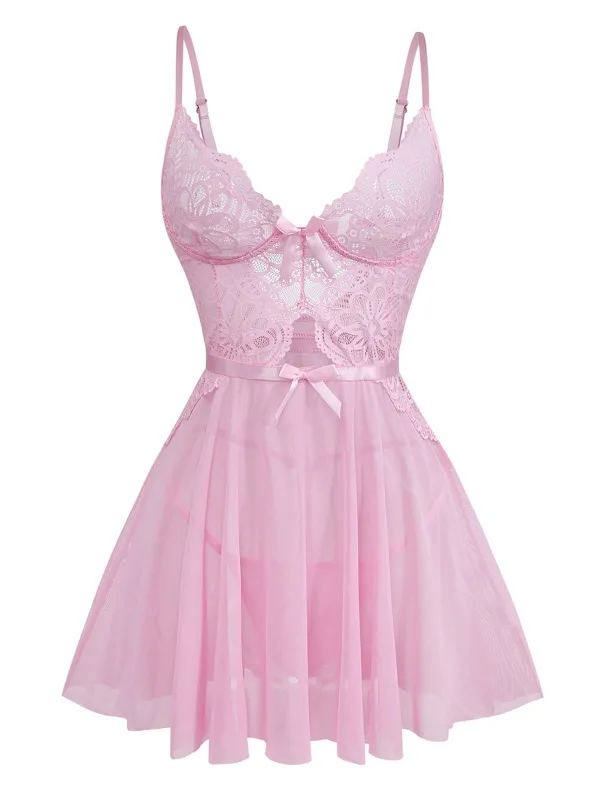 Pink 1950s Lace Spaghetti Strap Bow Nightgown sold by Retro Stage