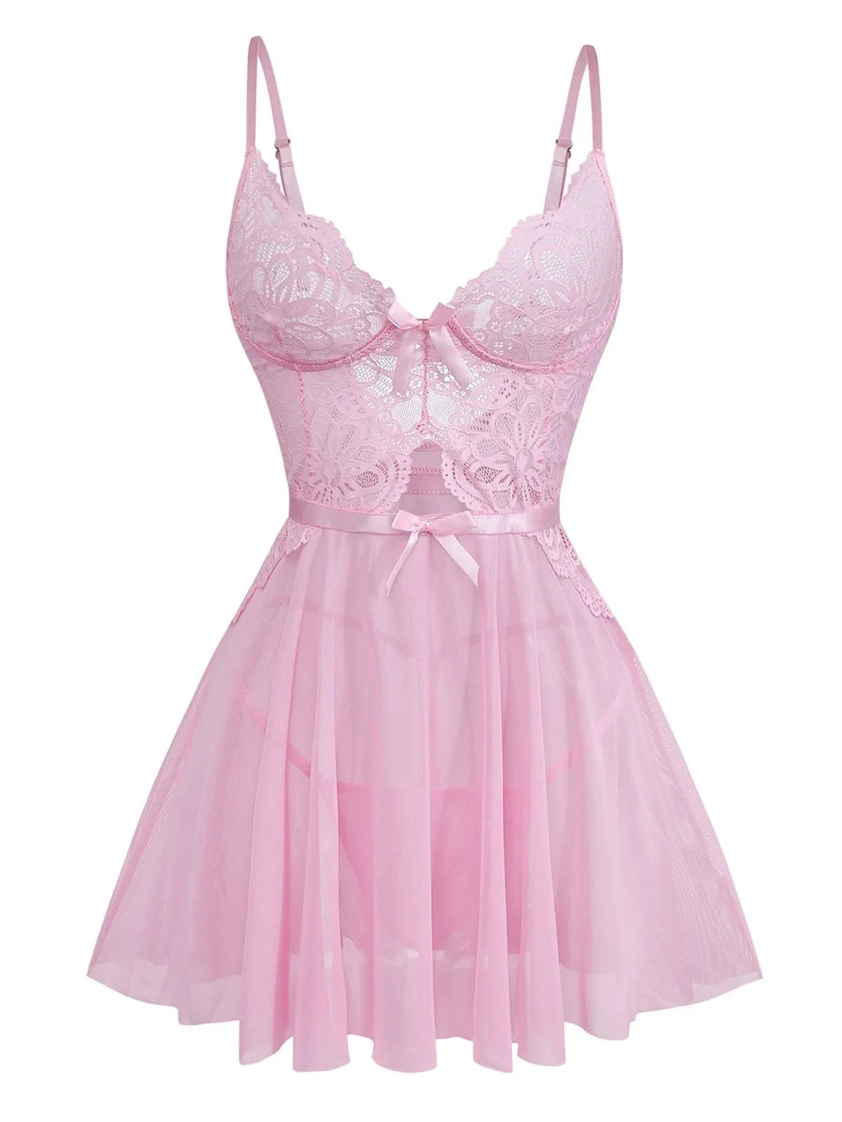 Pink 1950s Lace Spaghetti Strap Bow Nightgown sold by Retro Stage