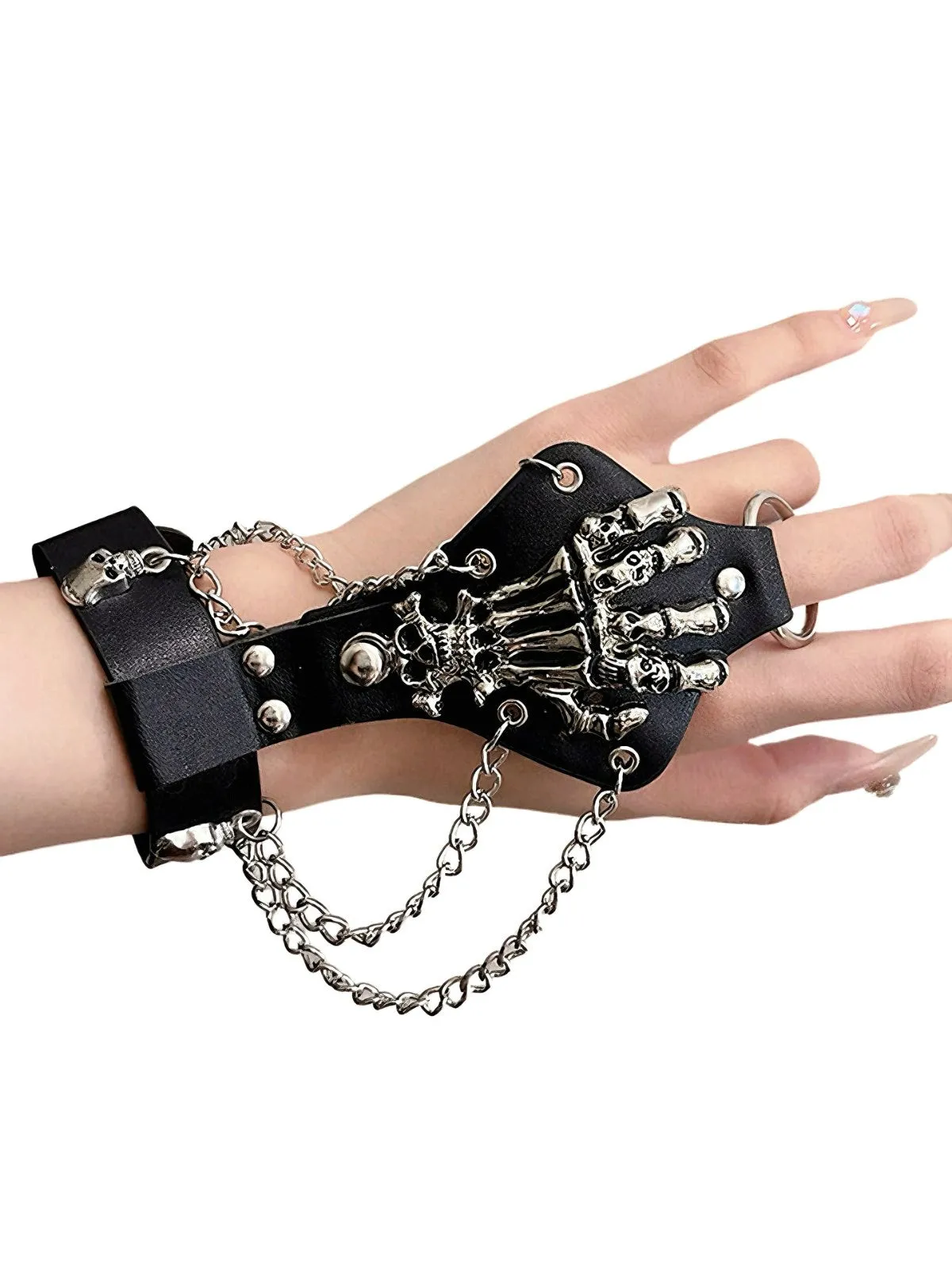 Punk Skeleton Hand Chain Leather Rivet Finger Bracelet sold by Retro Stage