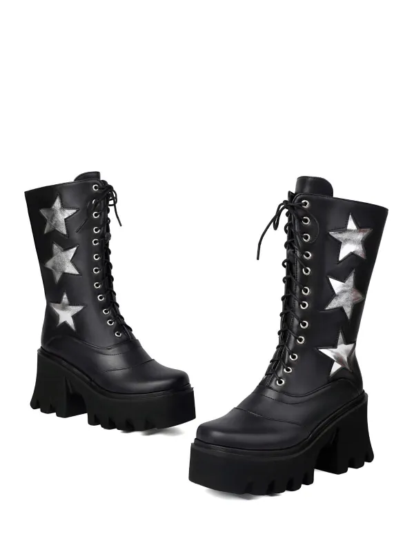 Vintage Steampunk Star Print Platform Mid-Calf Boots sold by Retro Stage