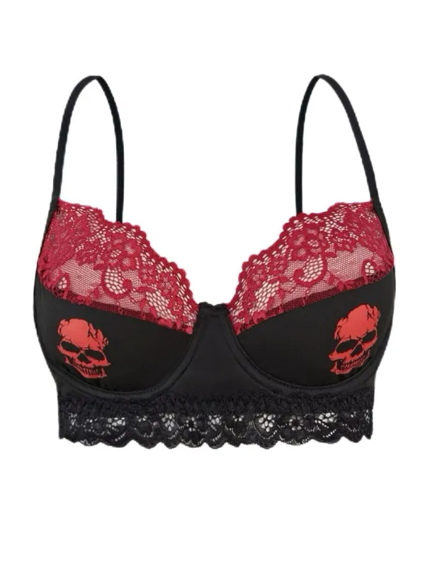 Black 1980s Gothic Skull Lace Patchwork Crop Top sold by Retro Stage