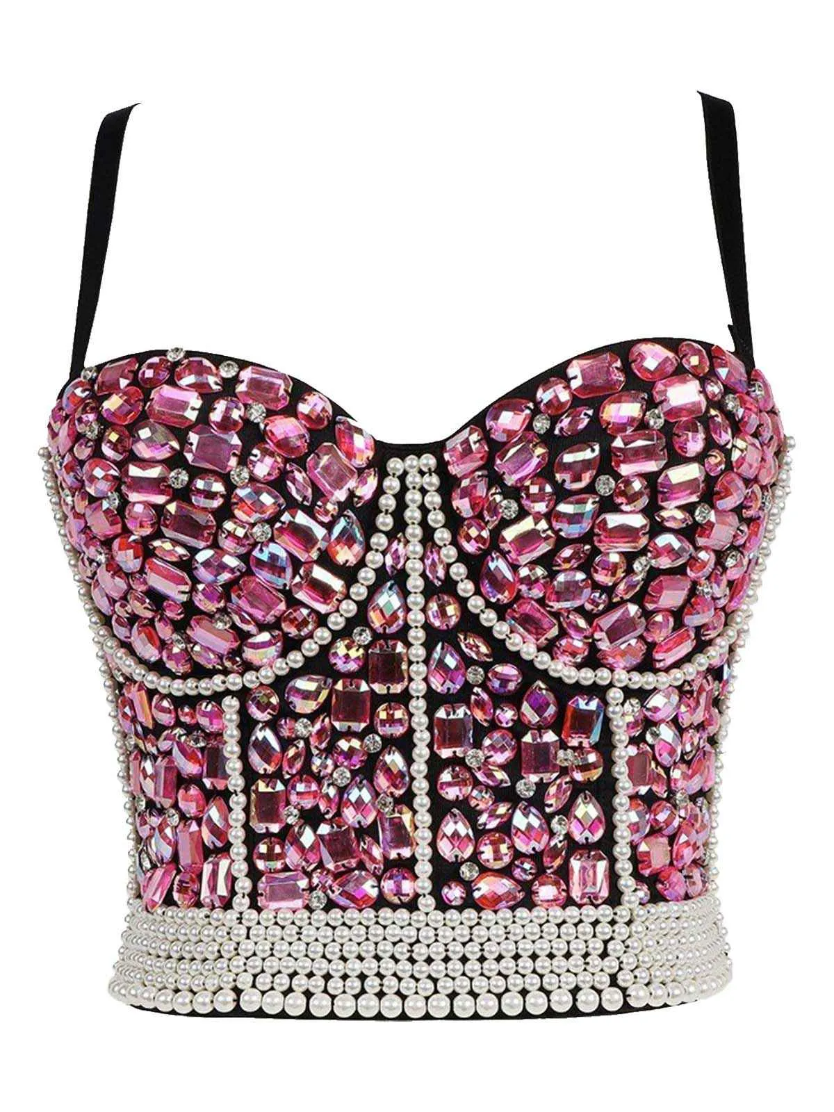 1970s Rhinestone Pearl Spaghetti Strap Corset Top sold by Retro Stage