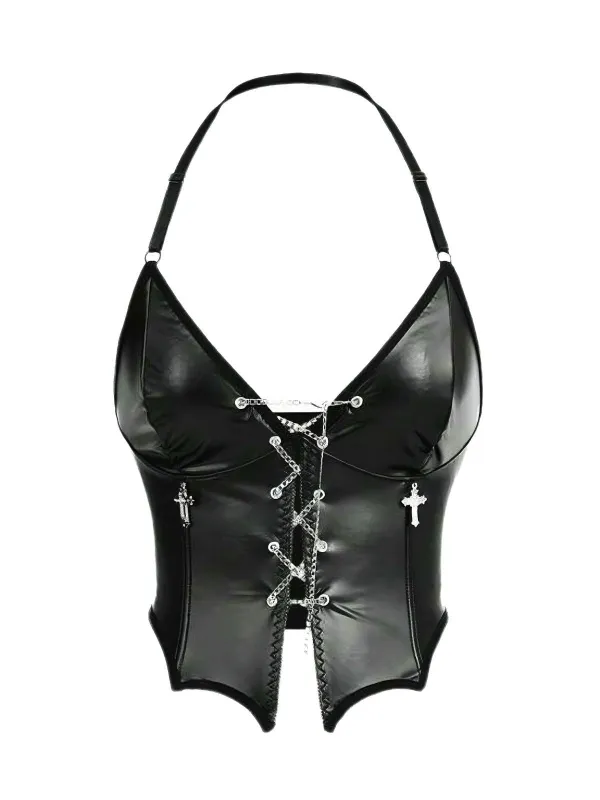 Black 1980s Gothic Cross Drawstring Chain Halter Corset sold by Retro Stage