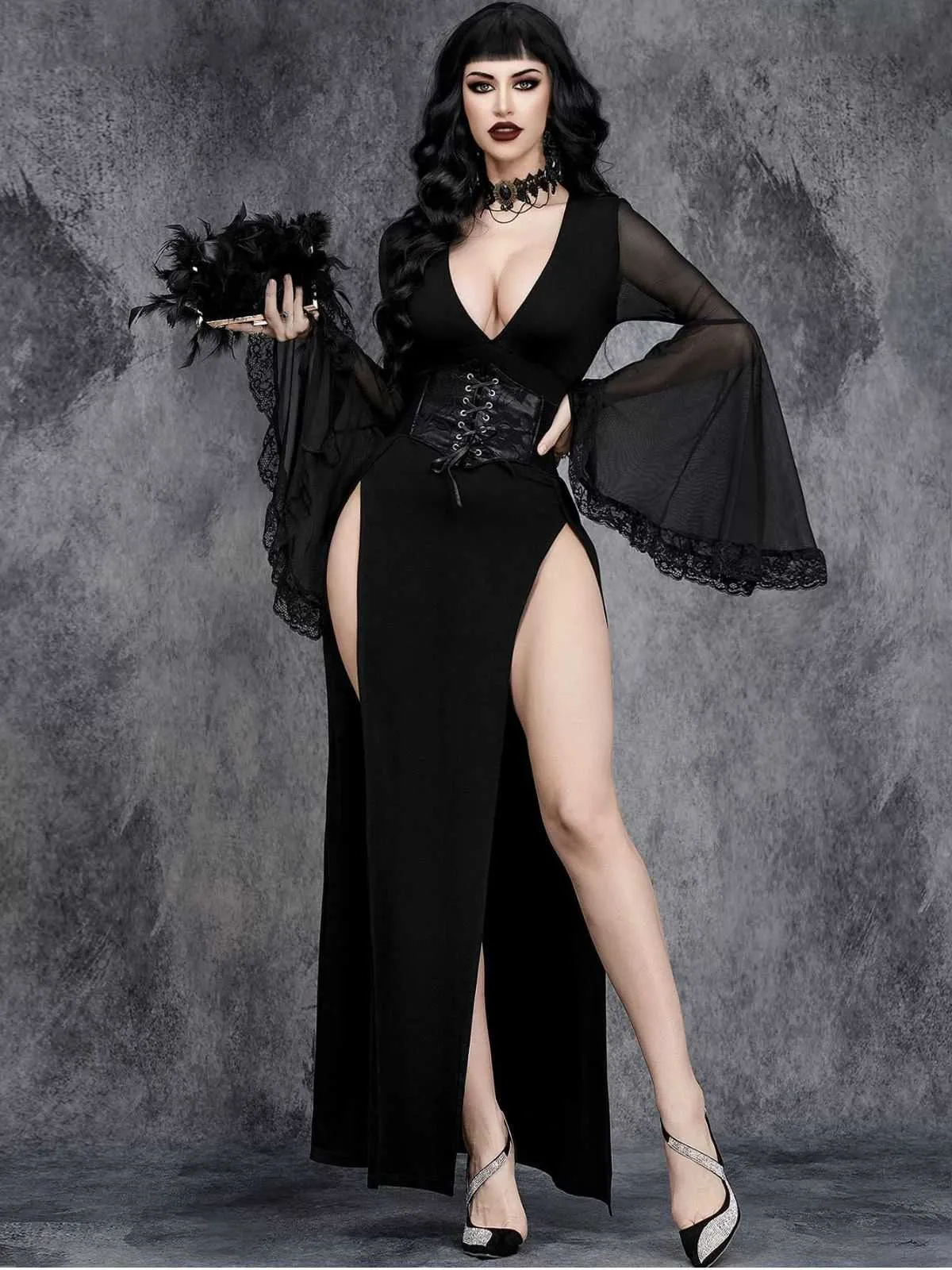 Black 1980s Gothic Slit Flared Sleeve Lace V-Neck Dress sold by Retro Stage product image thumbnail 5