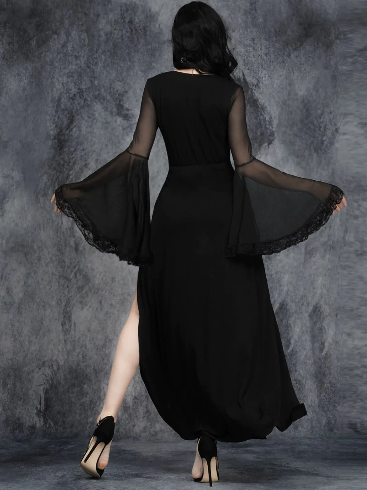 Black 1980s Gothic Slit Flared Sleeve Lace V-Neck Dress sold by Retro Stage product image thumbnail 2
