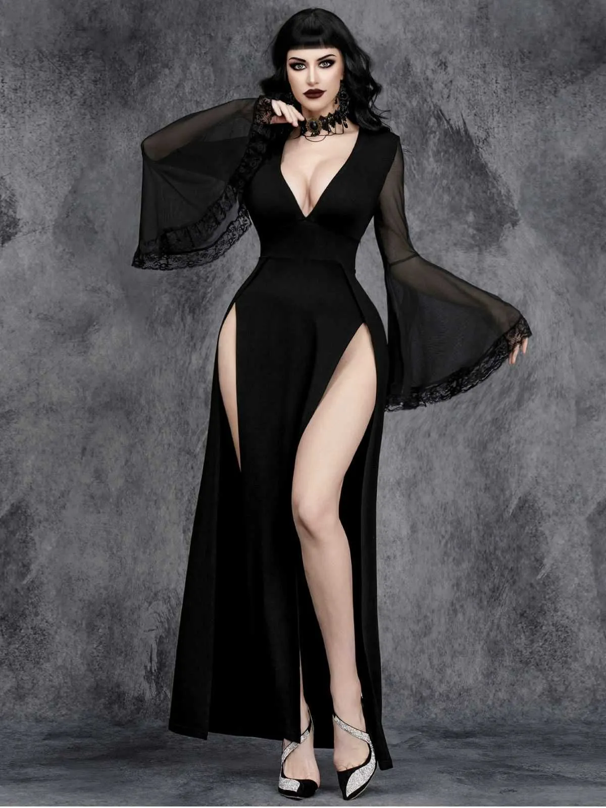 Black 1980s Gothic Slit Flared Sleeve Lace V-Neck Dress sold by Retro Stage product image thumbnail 4