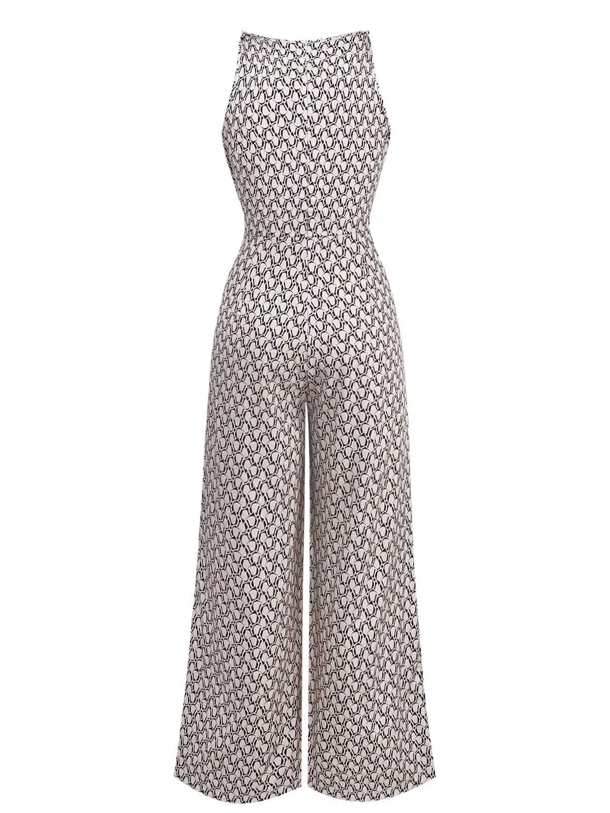 1970s Sleeveless Geometric Print Waist Bow Jumpsuit sold by Retro Stage product image thumbnail 2