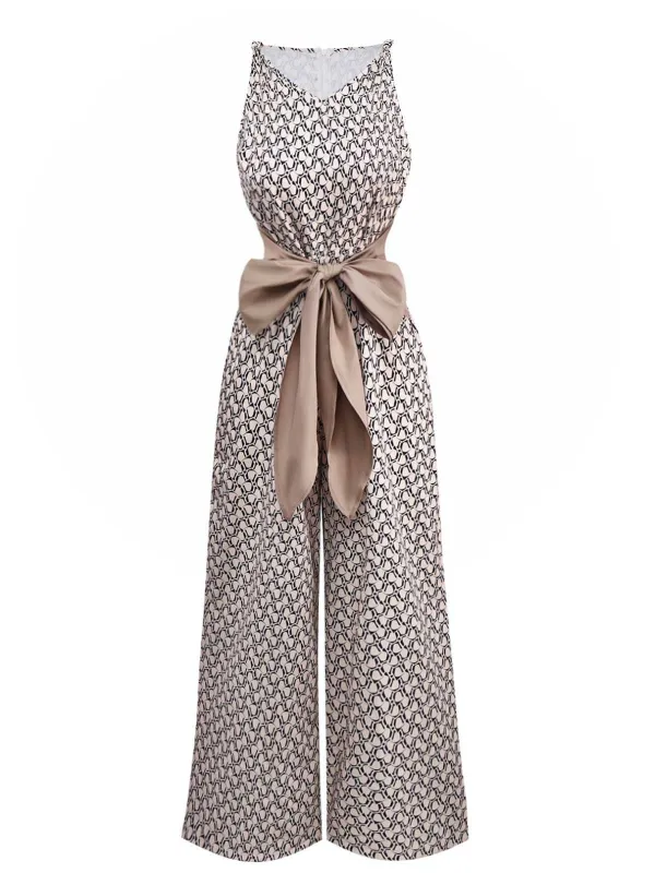 1970s Sleeveless Geometric Print Waist Bow Jumpsuit sold by Retro Stage