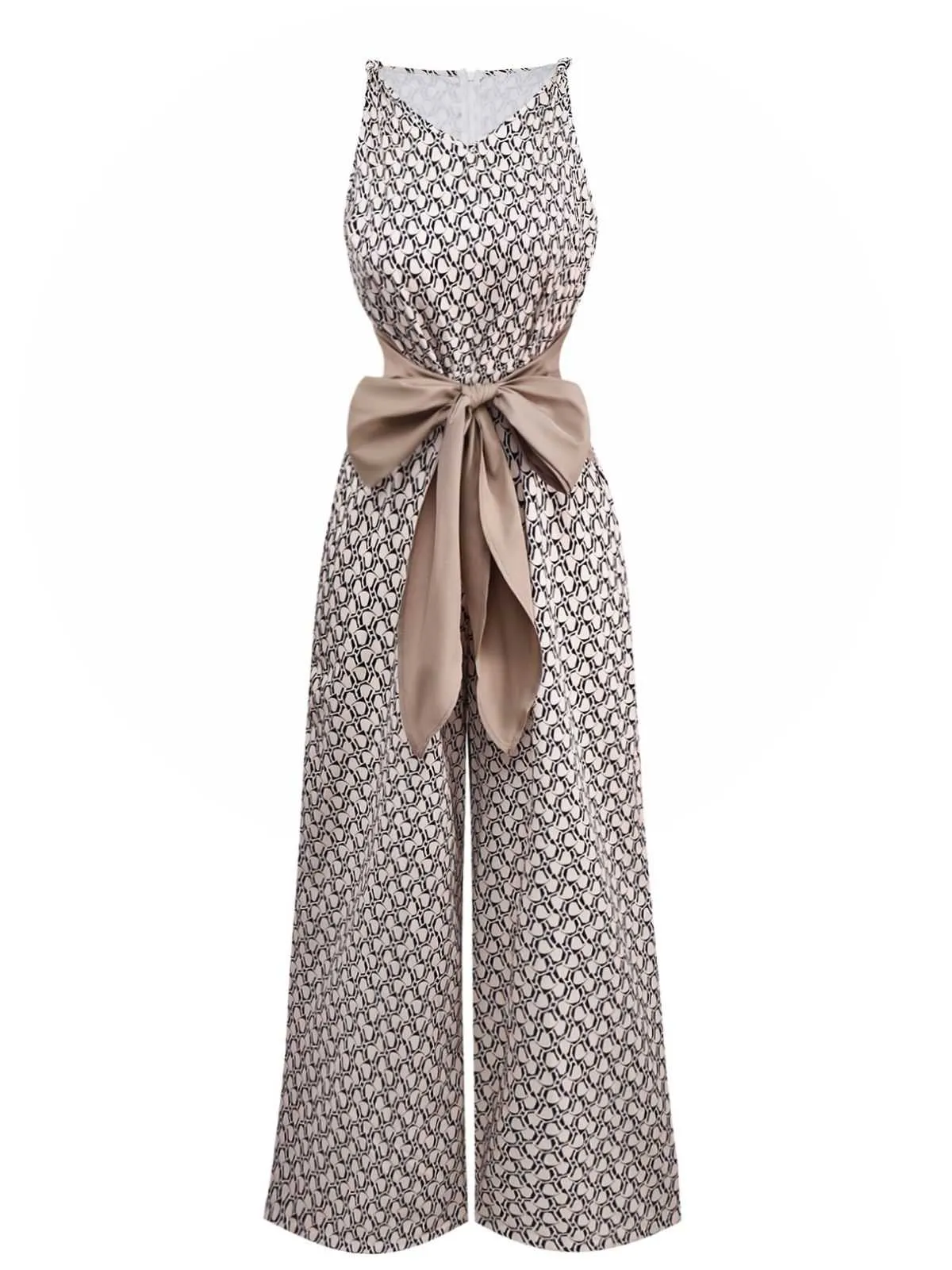 1970s Sleeveless Geometric Print Waist Bow Jumpsuit sold by Retro Stage