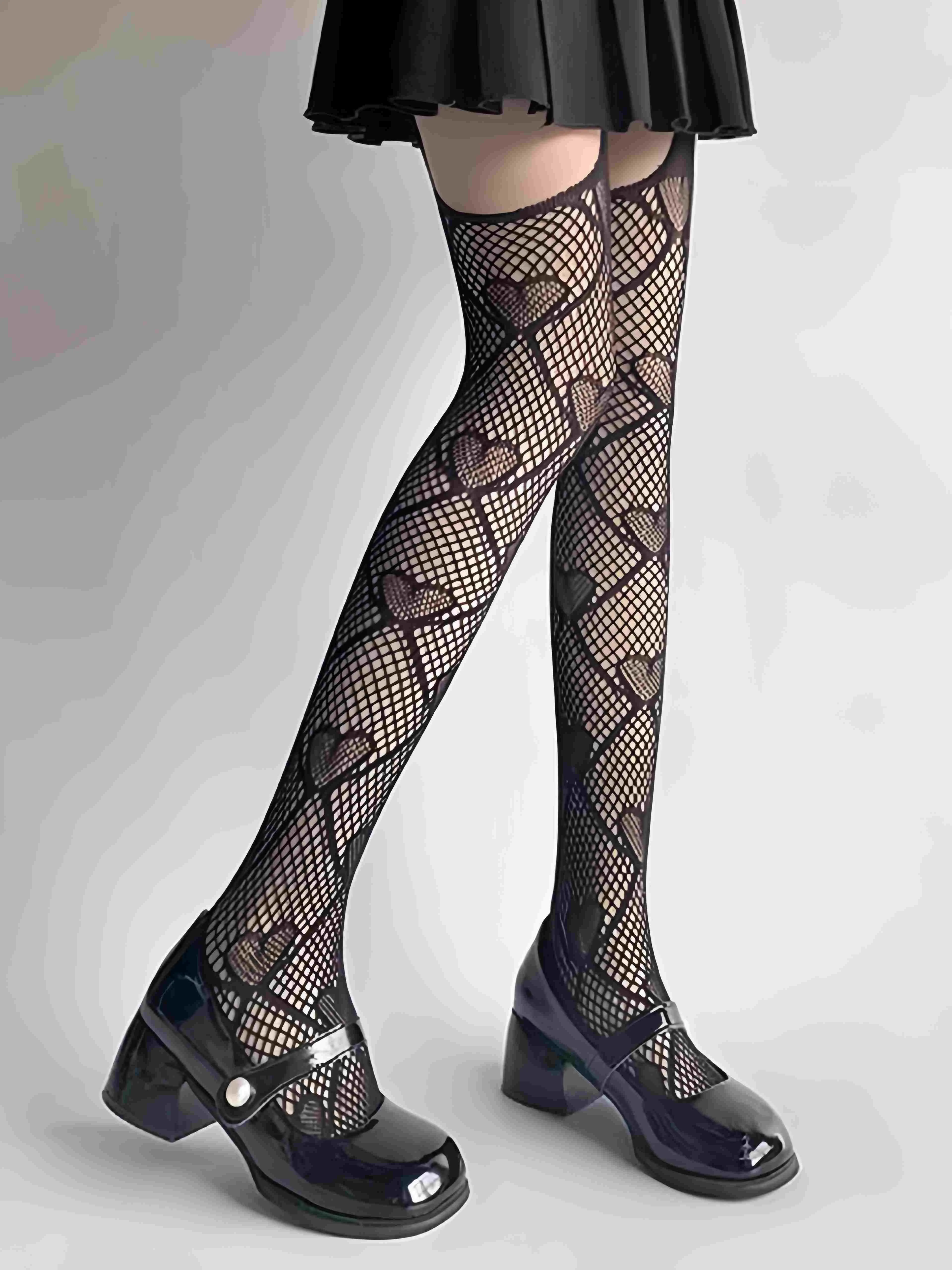 Heart Pattern Thigh High Fishnet Stockings sold by Retro Stage product image thumbnail 5