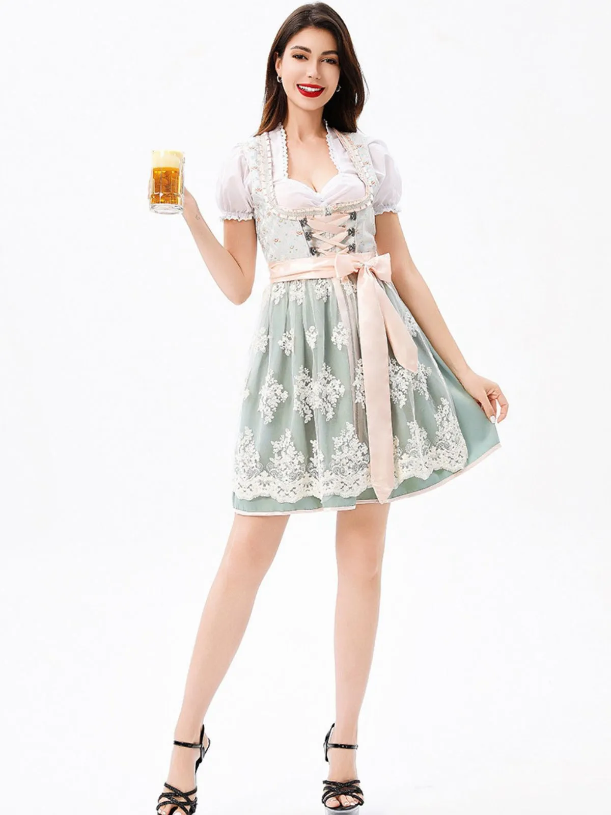 3PCS Green 1950s Puff Sleeve Top & Square Neck Floral Dress sold by Retro Stage product image thumbnail 3