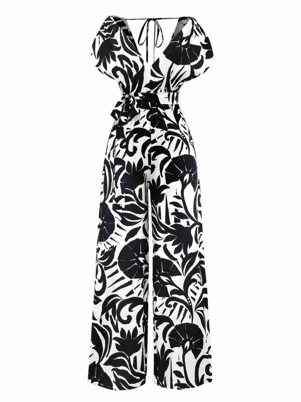 Black 1940s Plants Silhouette Bat Sleeve Jumpsuit sold by Retro Stage