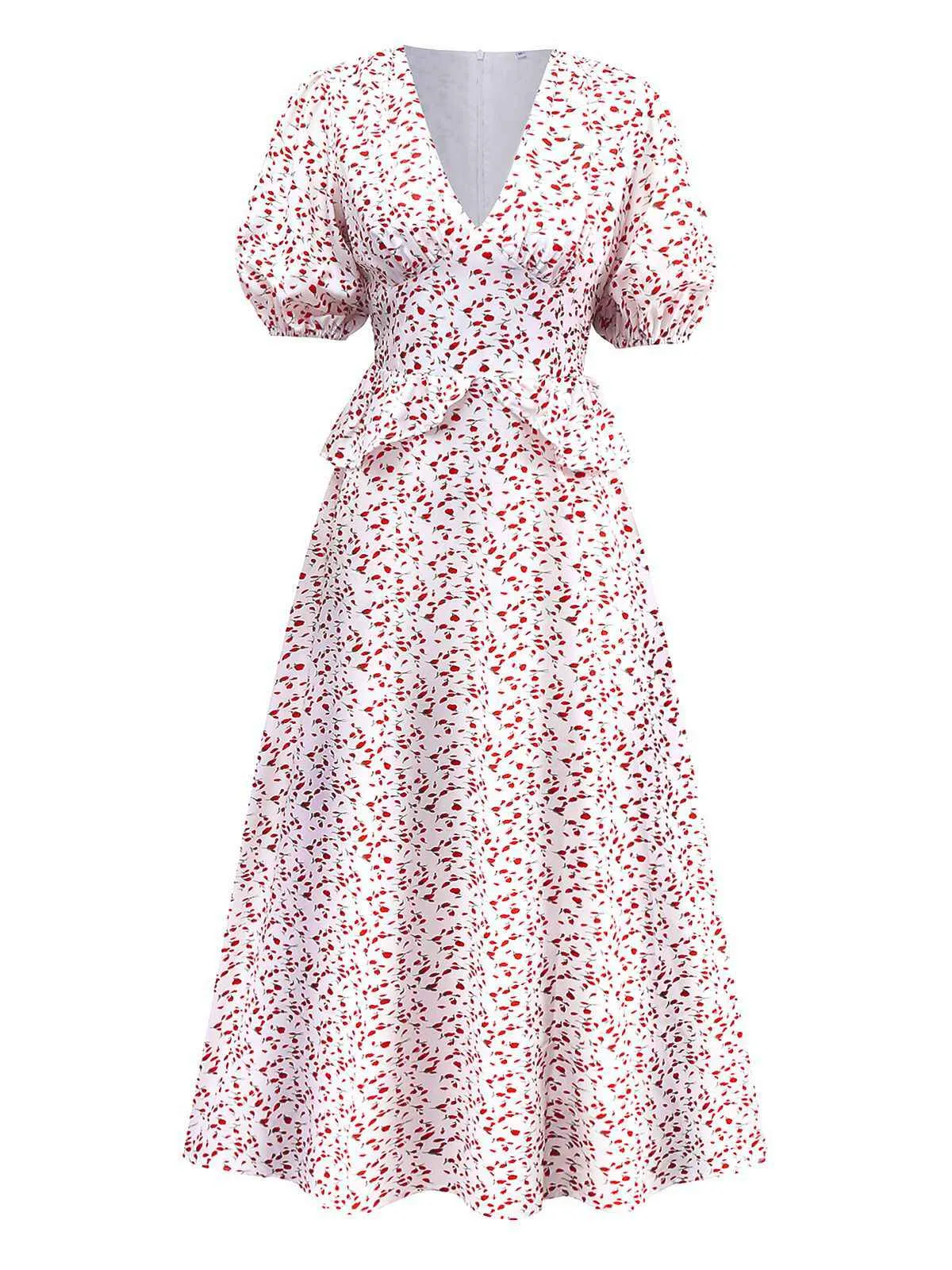 White 1940s Ditsy Floral Ruffled V-Neck Puff Sleeve Dress sold by Retro Stage