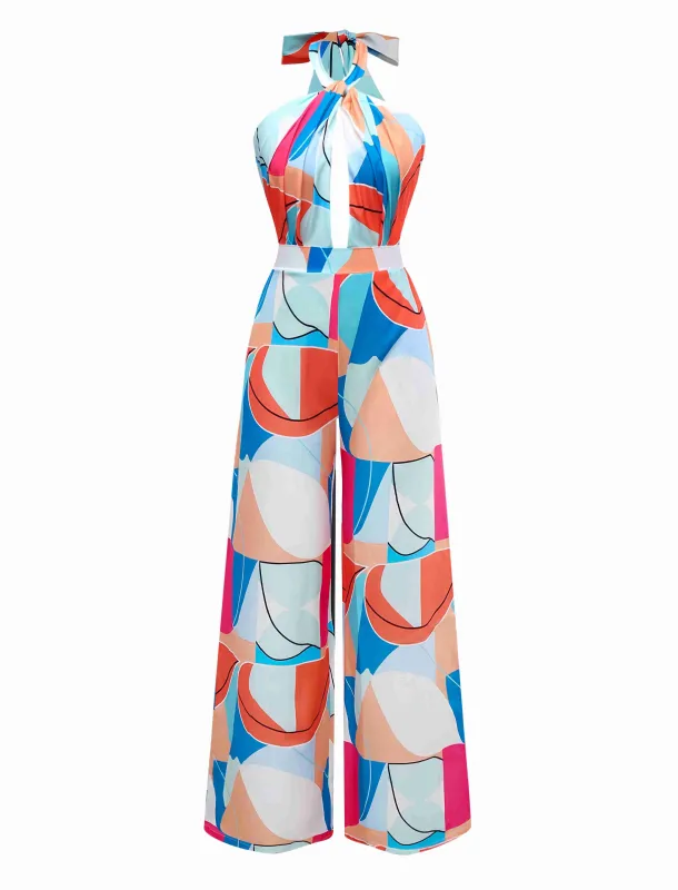 Multicolor 1960s Geometric Abstract Print Halter Jumpsuit sold by Retro Stage